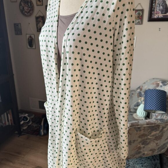 White and green polia dot LULAROE CAROLINE cardigan sweater SIZE Medium - Picture 3 of 5